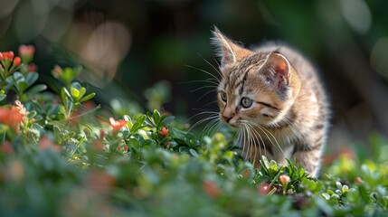 A young kitten with curious eyes explores a lush green garden