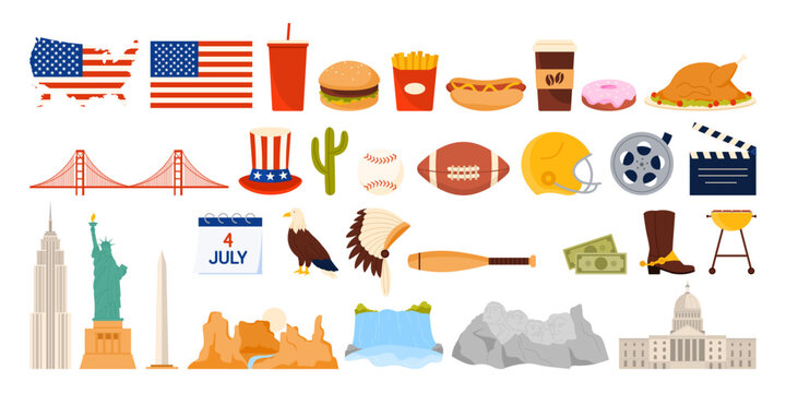 Travel to United States of America set. American culture and heritage city landmark stickers collection, fast food and flag, bridge and buildings, eagle and baseball cartoon vector illustration
