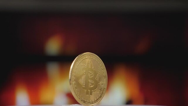 Close-up of a silver bitcoin coin slowly rotates against the background of a burning fireplace. Digital money, banking, investment, finance and business concept.