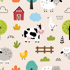 Seamless pattern with animals  farm and tree for your fabric, children textile, kids apparel, nursery decoration, gift wrap paper. Vector illustration