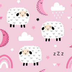 Seamless pattern with cute sheep, moon,  rain, rainbow, star and cloud for your fabric, children textile, apparel, nursery decoration, gift wrap paper, baby's shirt. Vector illustration