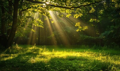 Fototapeta premium Sunbeams filter through the lush greenery of a serene forest, creating a magical atmosphere. Free copy space for text.