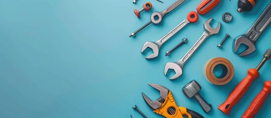 Assortment of Tools on a Blue Background
