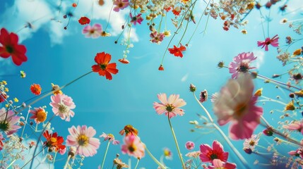 A picturesque scene of a field filled with colorful flowers against a bright blue sky
