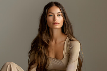 Fototapeta premium Female hair model wearing beige earthy blouse facing camera on light background