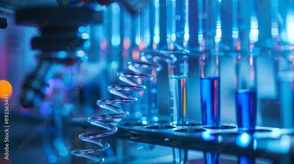 Poster 3d render of a futuristic laboratory scene with dna strands and a pipette