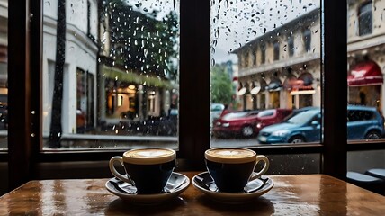 a cafe, two cups of coffee on the table, autumn, sad mood, it's raining outside,