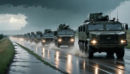 An armored convoy on a rain-soaked road, with puddles splashing and dark, heavy clouds overhead
