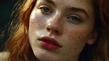 The photo shows a close-up of a girl with freckles on her face, wavy reddish hair and light brown eyes, looking straight into the camera.