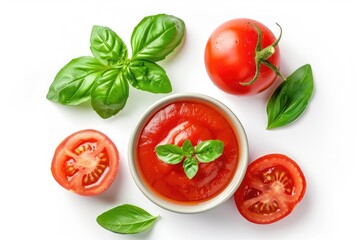 Fresh tomatoes and basil surround a bowl of homemade tomato sauce