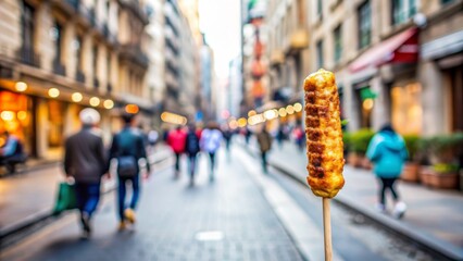 Obraz premium Urban street scene with empty sidewalk and blurred background, awaiting model insertion, highlighting savory fast food snack on a stick.