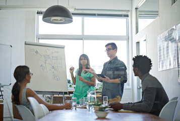 Presentation, team building and whiteboard in office for meeting, business and leadership. Collaboration, brainstorming and group with diagram in conference room for coaching or strategy for company