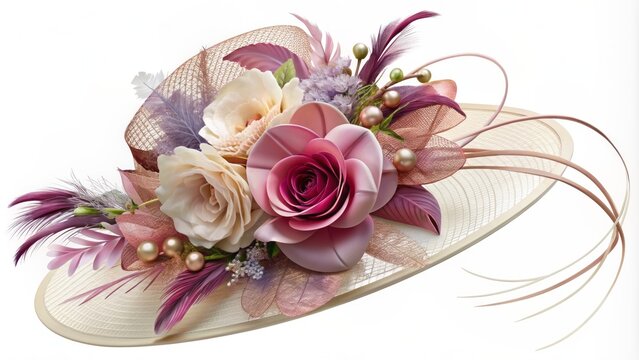 Elegant fascinator hat adorned with feathers and flowers isolated on transparent background, perfect for fashion and wedding illustrations.
