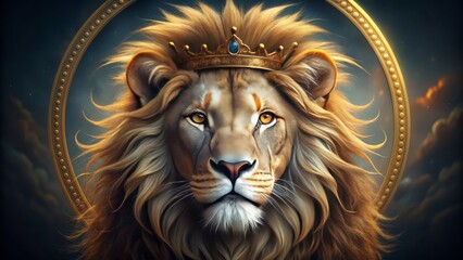 Majestic lion face with crowned mane within circular border and subtle texture, ideal for commercial branding and logo development.