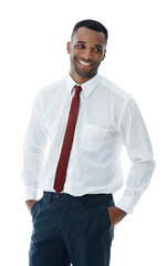 Thinking, employee and black man with fashion, smile and model isolated on white studio background. African person, financial consultant and agent with confidence, choice and thoughts with happiness