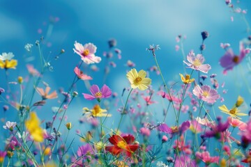 A serene scene of flowers in full bloom under a bright blue sky