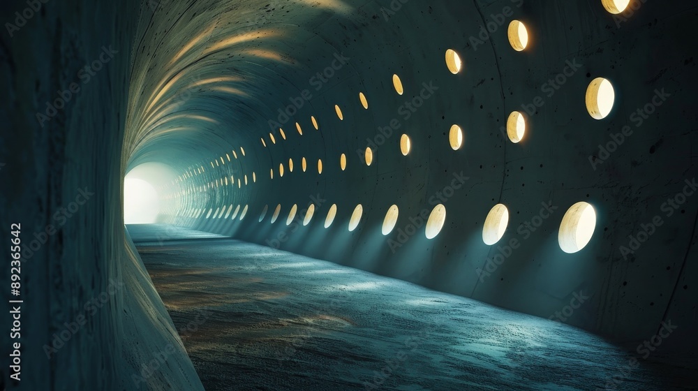 Poster 3d render of a futuristic tunnel with circular lights illuminating the path