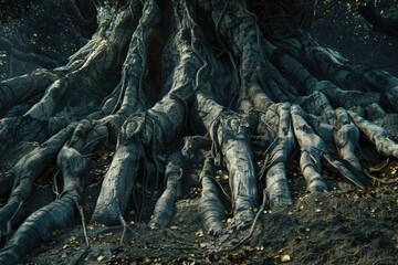 Close-up of tree roots in a dense forest environment