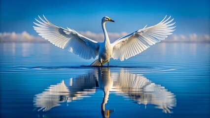 SOLELY WHITE ELEGANT BIRD STANDS CALMLY IN STILL BLUE WATER, WINGS FULLY EXTENDED, REFLECTED IN PERFECT SYMMETRY AROUND IT.