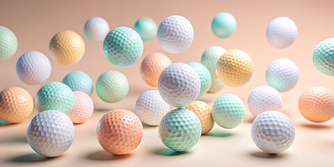 A background of many pastel golf balls together close up on a soft peach background. Dynamic sports background minimalistic repeating pattern.