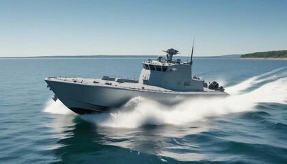 A fast attack boat slicing through calm waters on a clear summer day, with a bright blue sky and sunlit waves

