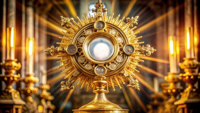 Golden monstrance with ornate details holds consecrated host, radiant light surrounds sacred body of Christ, symbolizing divine sacrifice.