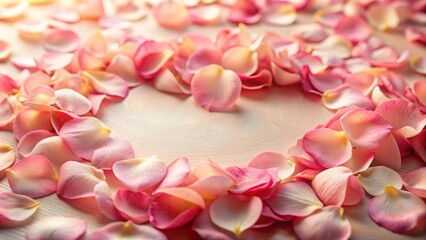 Fototapeta premium Delicate, soft-focus rose petals arranged in a circular pattern, creating a dreamy, romantic, and whimsical Valentine's Day-inspired background scene.
