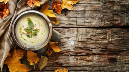 Concept of fall food with cream soup bowl on rustic backdrop with space for text