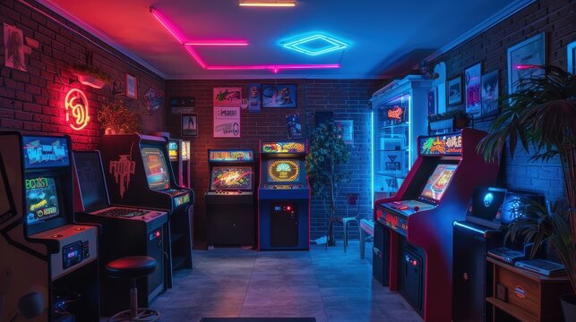 A retro gaming study room with arcade machines, gaming consoles, and neon lights.