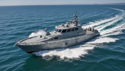 A fast attack boat slicing through calm waters on a clear summer day, with a bright blue sky and sunlit waves
