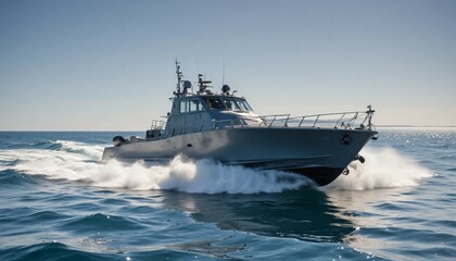 Naklejka premium A fast attack boat slicing through calm waters on a clear summer day, with a bright blue sky and sunlit waves 