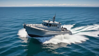 Fototapeta premium A fast attack boat slicing through calm waters on a clear summer day, with a bright blue sky and sunlit waves 