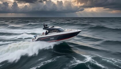 Fototapeta premium A high-speed boat maneuvering through choppy waters at dawn, with the first light of day breaking through storm clouds 