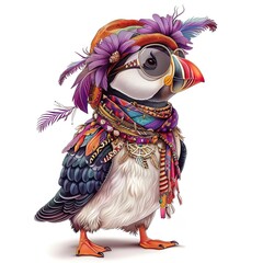 Puffin Boho-Chic fashion cartoon isolated whitebackground