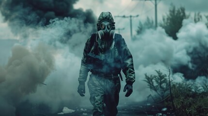 Fototapeta premium A man in a gas mask is walking through a foggy, smoky environment