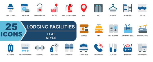 icon set of hotel facilities in flat style. suitable for application and website UI. contains air conditioner,barbell,room key,sandals,slippers,large bed,call,cutlery,free wifi,wardrobe,locker.