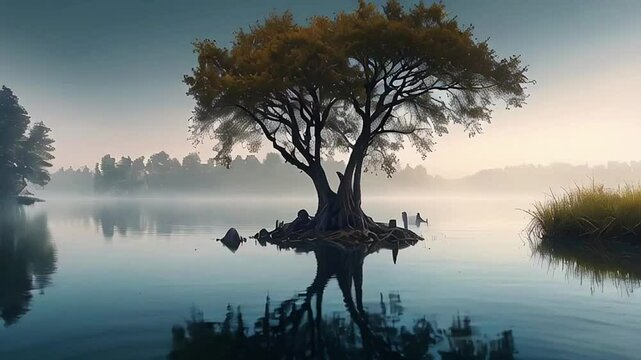 the sun rises over the lake and the tree in the middle.Seamless 4k time lapse virtual video animation background