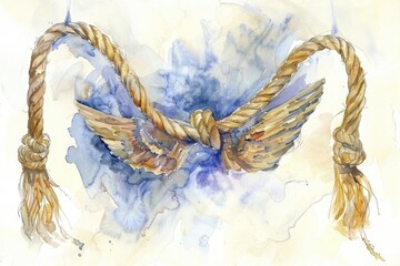 Fototapeta premium A bird is tied to a rope in this watercolor painting