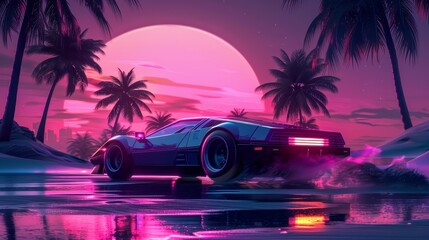 Futuristic neon car driving through a palm tree-lined road at sunset