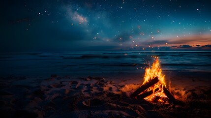 夜空と砂浜の焚き火