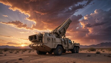 A high-tech missile launcher at dusk, with a dramatic sunset sky and clouds, set in a desert landscape
