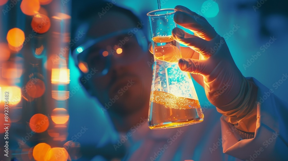 Poster 3d render of a scientist in a laboratory holding a test tube with colorful liquids