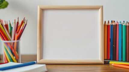 Fototapeta premium Blank Picture Frame with Colored Pencils