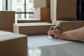 Fototapeta premium Courier filling out paperwork surrounded by boxes in a delivery center. Package management and logistics service.