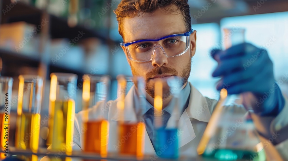 Poster 3d render of a scientist in a laboratory holding a test tube with colorful liquids