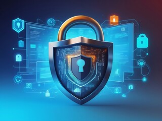 Padlock shield digital background with blue glowing circuitry. Ideal for cybersecurity concepts, technology themes, and digital protection designs.
