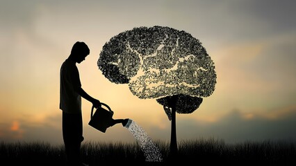 Concept: growth of mind and knowledge, creativity and improvement, intelligence and education. Silhouette of a man watering a tree in the shape of a human brain.