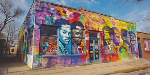 Vibrant Corner Store: A colorful wall mural adorns the storefront, showcasing African American history.