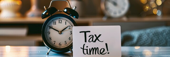 Tax time reminder with black alarm clock and sign on wooden table. Evening scene for tax preparation