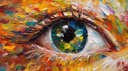 Fototapeta premium Colorful eye, Conceptual abstract picture of the eye. Oil painting in colorful colors. Conceptual abstract closeup